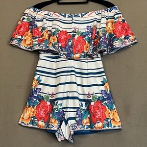 Flying Tomato Floral Romper Shorts 1 piece Off Shoulder‎ Striped Summer Outfit S